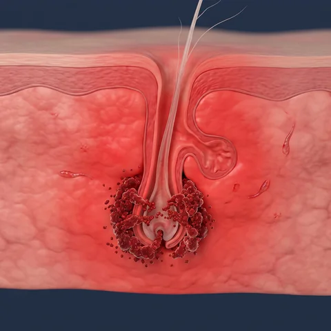 Inflamed follicle with the bulb choked by the hormone